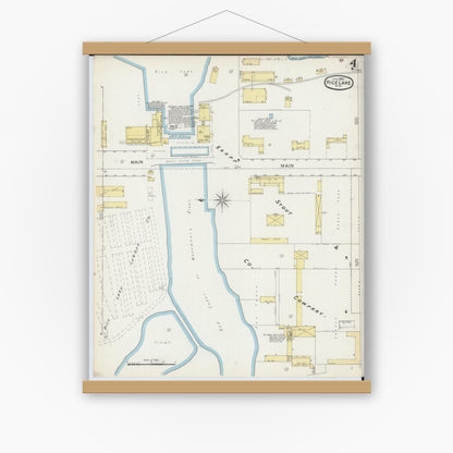 Old map wall art mockup — magnetic wood frame on white wall — Sanborn Fire Insurance Map from Rice Lake, Barron County, Wisconsin (1893), Sheet #0004