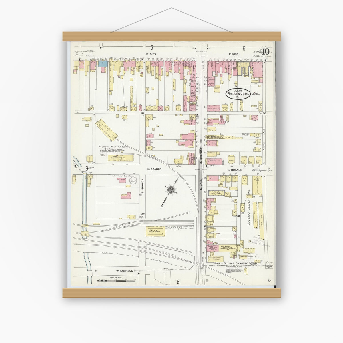 Old map wall art mockup — magnetic wood frame on white wall — Sanborn Fire Insurance Map from Shippensburg, Cumberland And Franklin Counties, Pennsylvania (1910), Sheet #0010