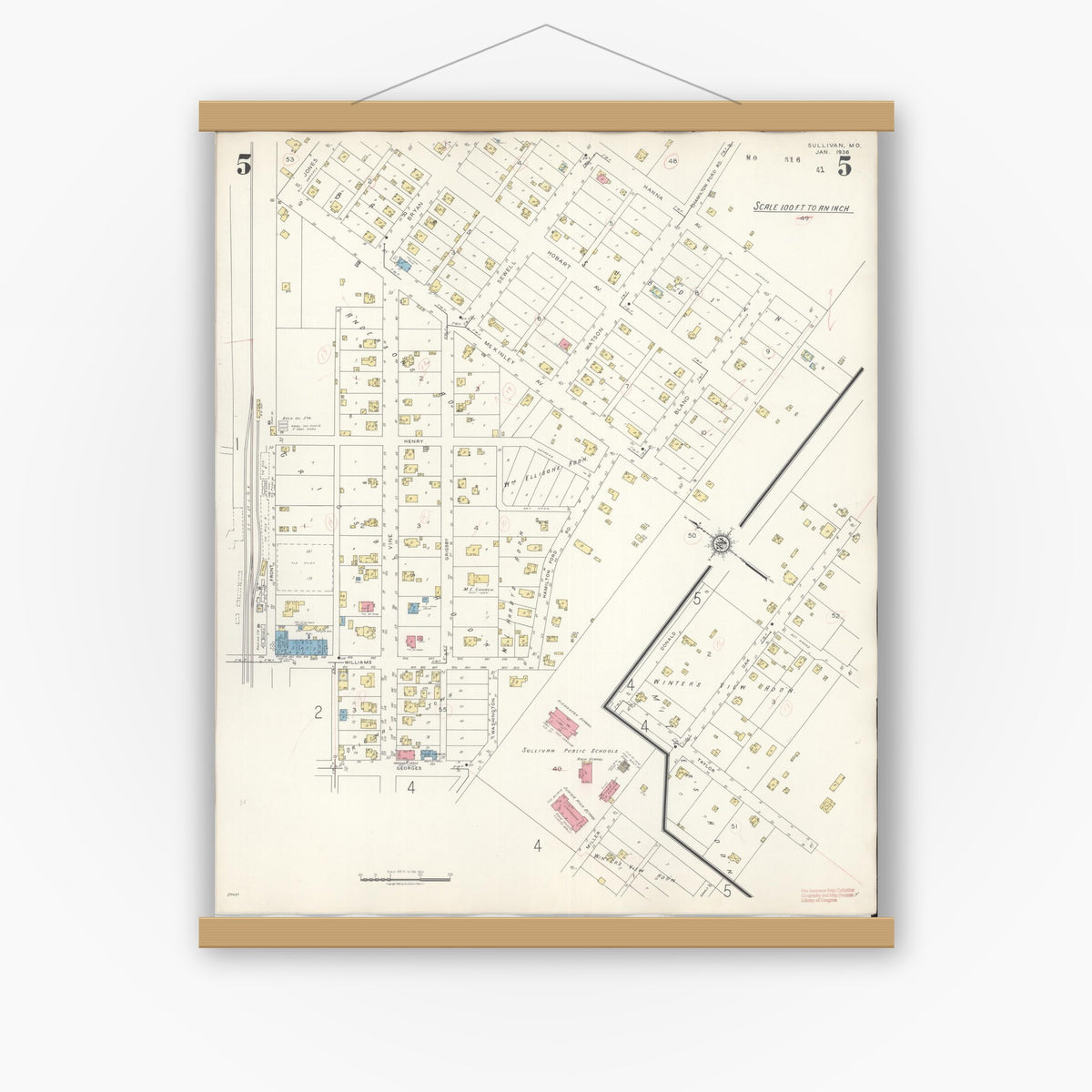 Old map wall art mockup — magnetic wood frame on white wall — Sanborn Fire Insurance Map from Sullivan, Franklin County, Missouri (1936), Sheet #0005