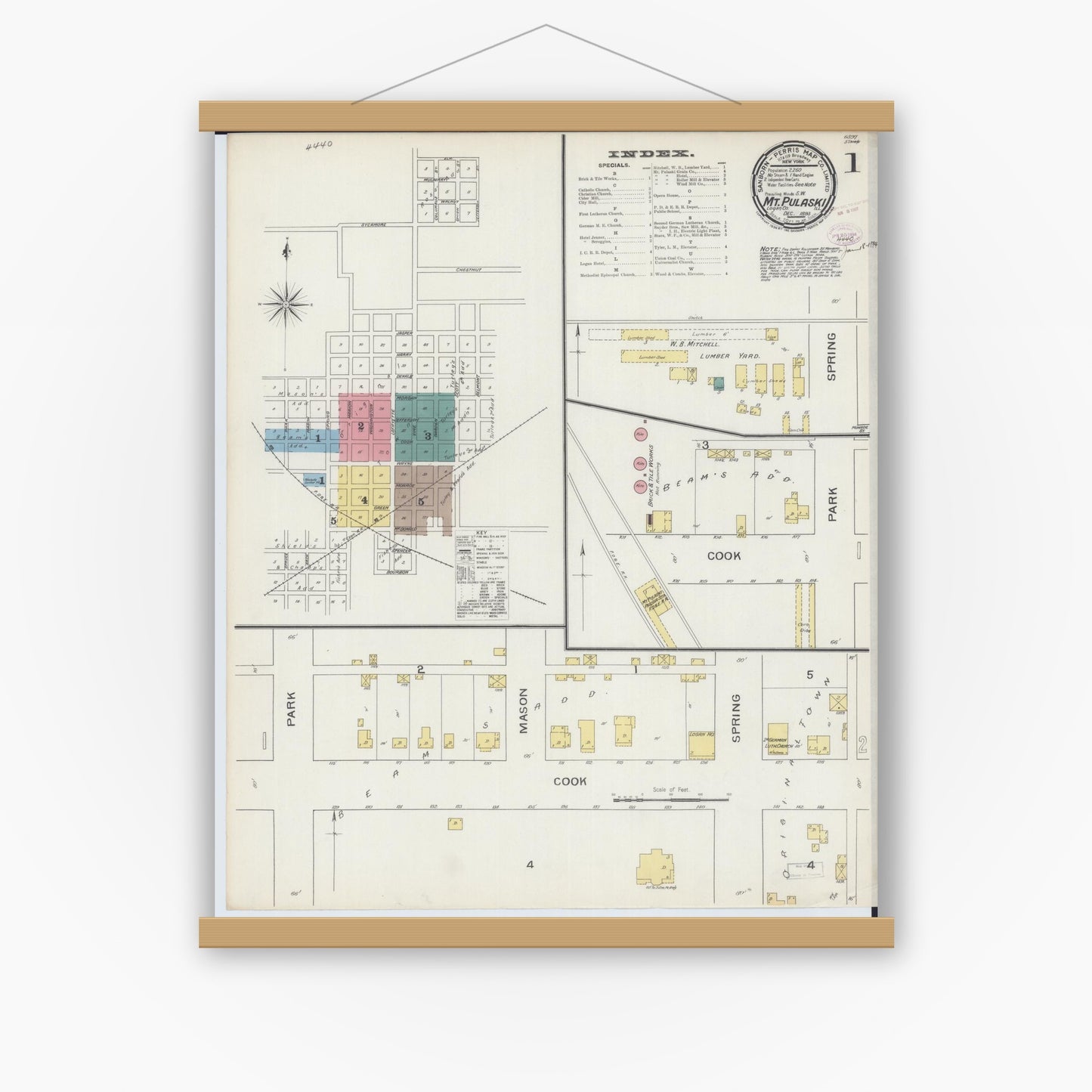 Old map wall art mockup — magnetic wood frame on white wall — Sanborn Fire Insurance Map from Mount Pulaski, Logan County, Illinois (1893) - Complete Map Set
