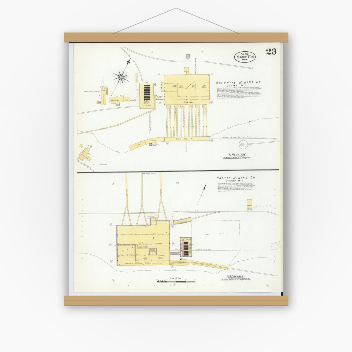 Old map wall art mockup — magnetic wood frame on white wall — Sanborn Fire Insurance Map from Houghton, Houghton County, Michigan (1908), Sheet #0023
