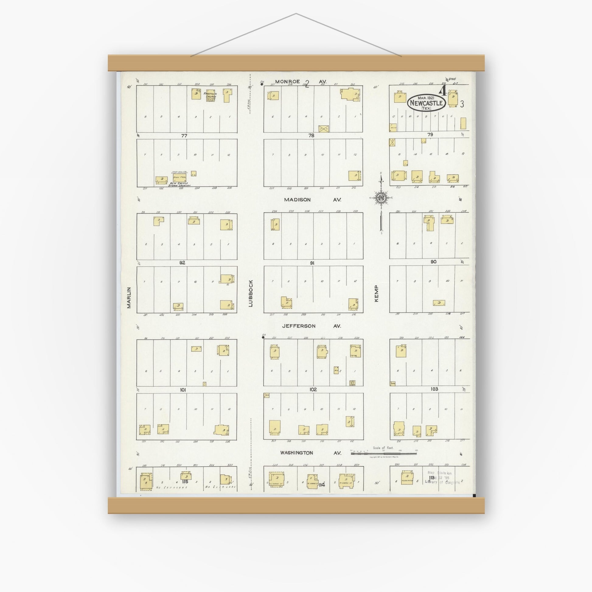 Old map wall art mockup — magnetic wood frame on white wall — Sanborn Fire Insurance Map from Newcastle, Young County, Texas (1921), Sheet #0004