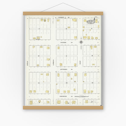 Old map wall art mockup — magnetic wood frame on white wall — Sanborn Fire Insurance Map from Newcastle, Young County, Texas (1921), Sheet #0004
