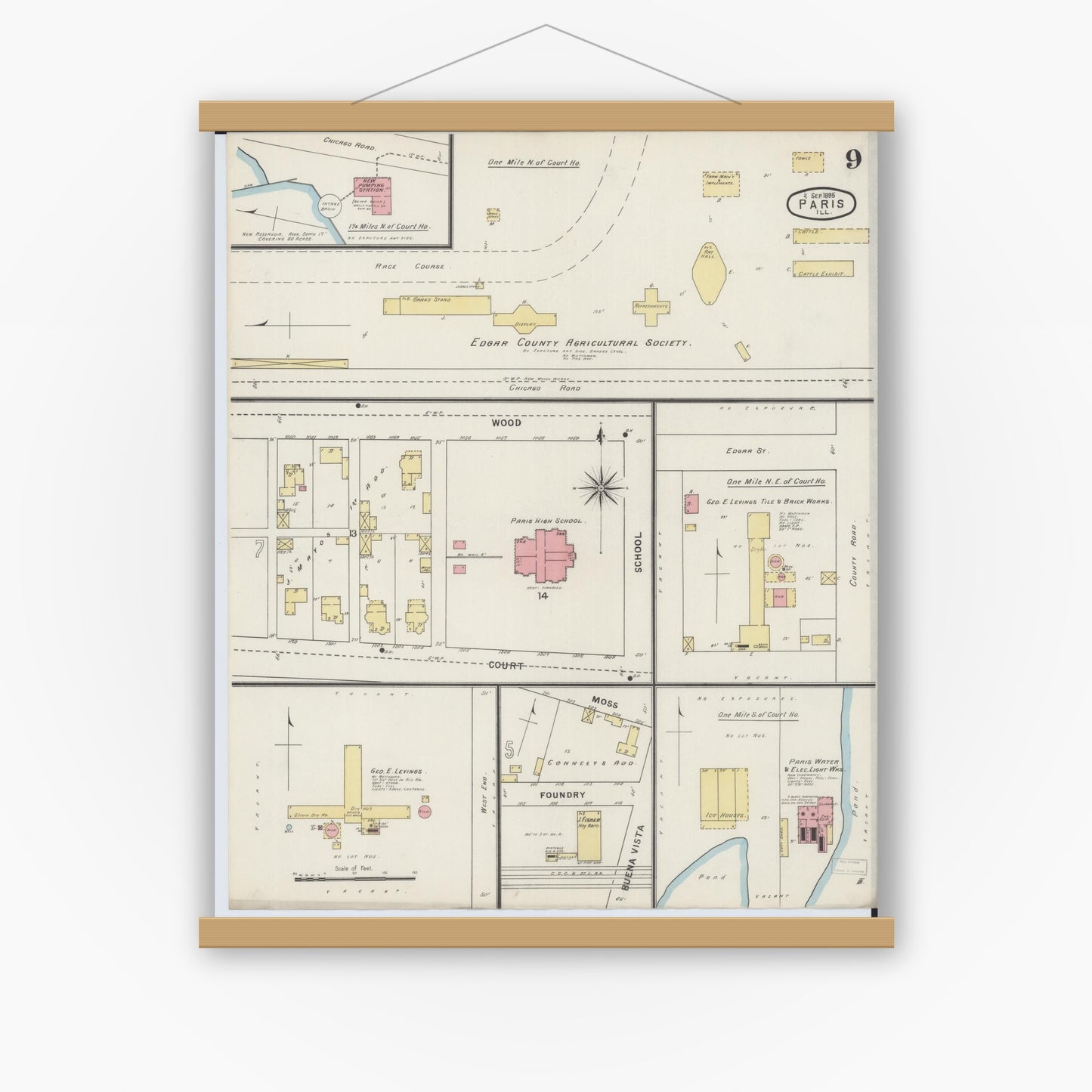 Old map wall art mockup — magnetic wood frame on white wall — Sanborn Fire Insurance Map from Paris, Edgar County, Illinois (1895), Sheet #0009