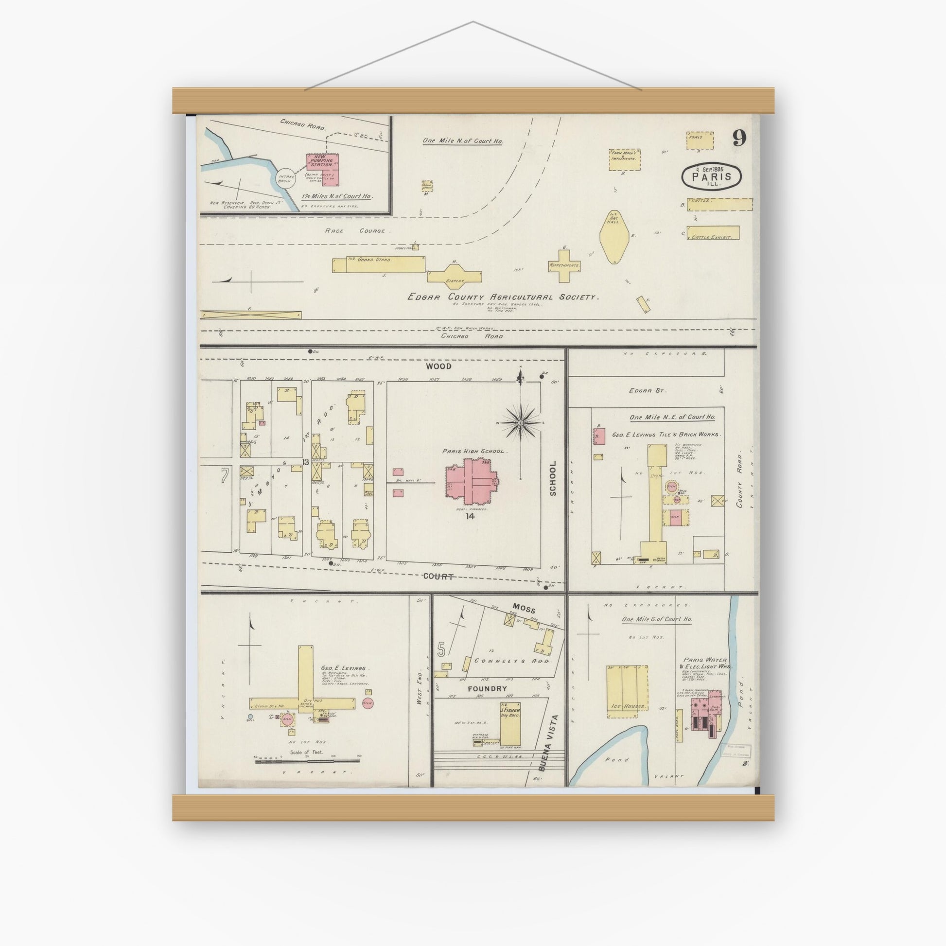 Old map wall art mockup — magnetic wood frame on white wall — Sanborn Fire Insurance Map from Paris, Edgar County, Illinois (1895), Sheet #0009