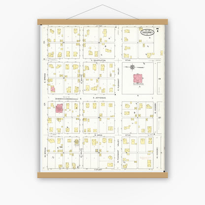 Old map wall art mockup — magnetic wood frame on white wall — Sanborn Fire Insurance Map from Sigourney, Kiokuk County, Iowa (1916), Sheet #0007