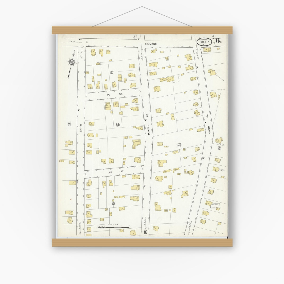 Old map wall art mockup — magnetic wood frame on white wall — Sanborn Fire Insurance Map from Islip, Suffolk County, New York (1916), Sheet #0006