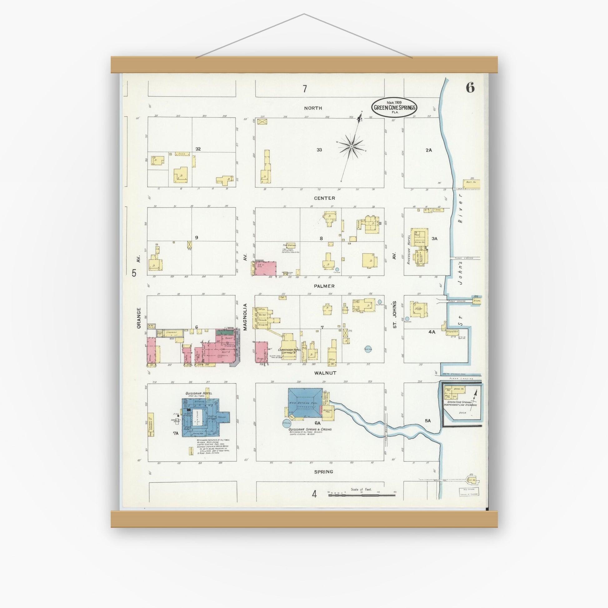 Old map wall art mockup — magnetic wood frame on white wall — Sanborn Fire Insurance Map from Green Cove Springs, Clay County, Florida (1909), Sheet #0006