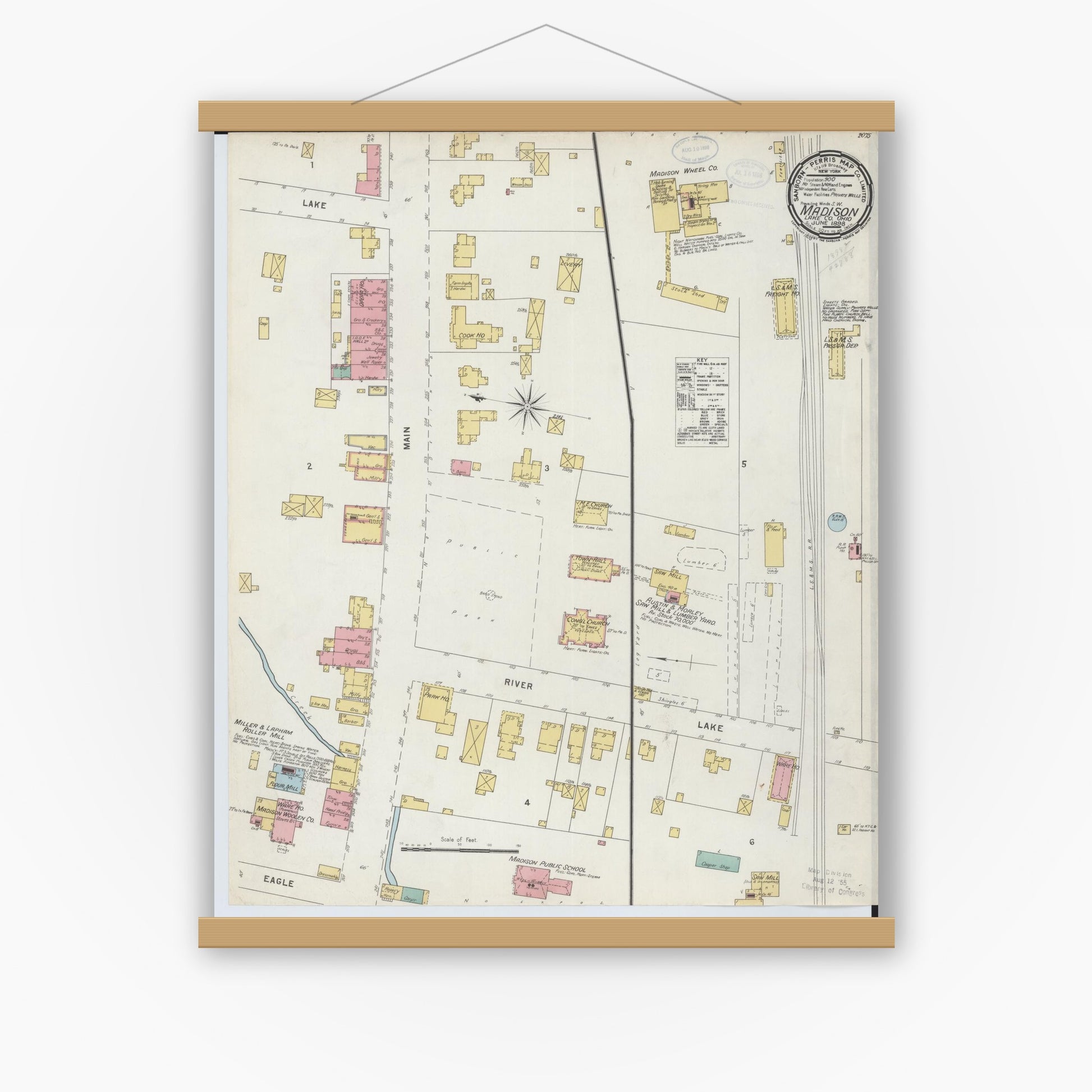 Old map wall art mockup — magnetic wood frame on white wall — Sanborn Fire Insurance Map from Madison, Lake County, Ohio (1898), Sheet #0001