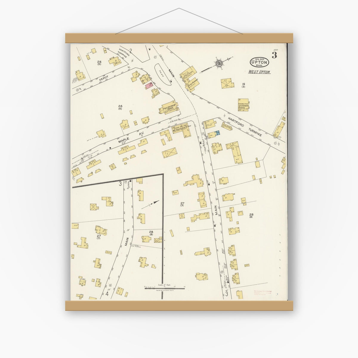 Old map wall art mockup — magnetic wood frame on white wall — Sanborn Fire Insurance Map from Upton, Worcester County, Massachusetts (1922), Sheet #0003