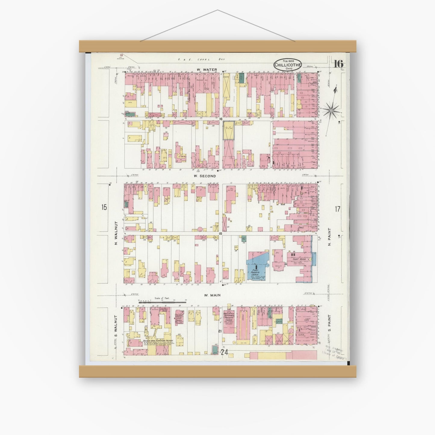 Old map wall art mockup — magnetic wood frame on white wall — Sanborn Fire Insurance Map from Chillicothe, Ross County, Ohio (1909), Sheet #0016