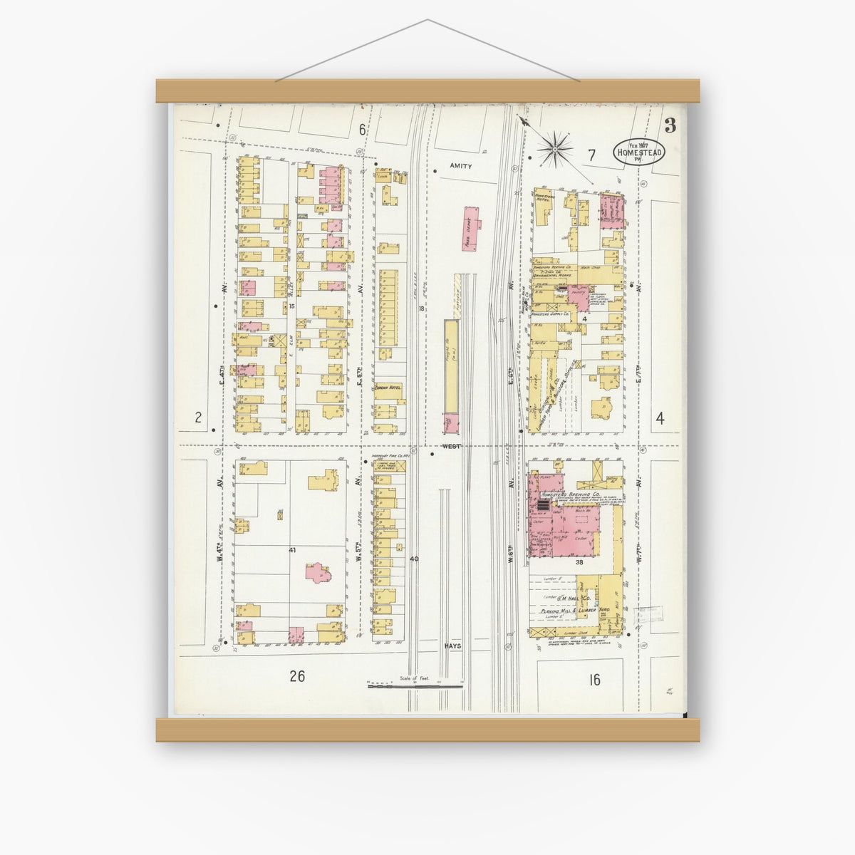 Old map wall art mockup — magnetic wood frame on white wall — Sanborn Fire Insurance Map from Homestead, Allegheny County, Pennsylvania (1907), Sheet #0003