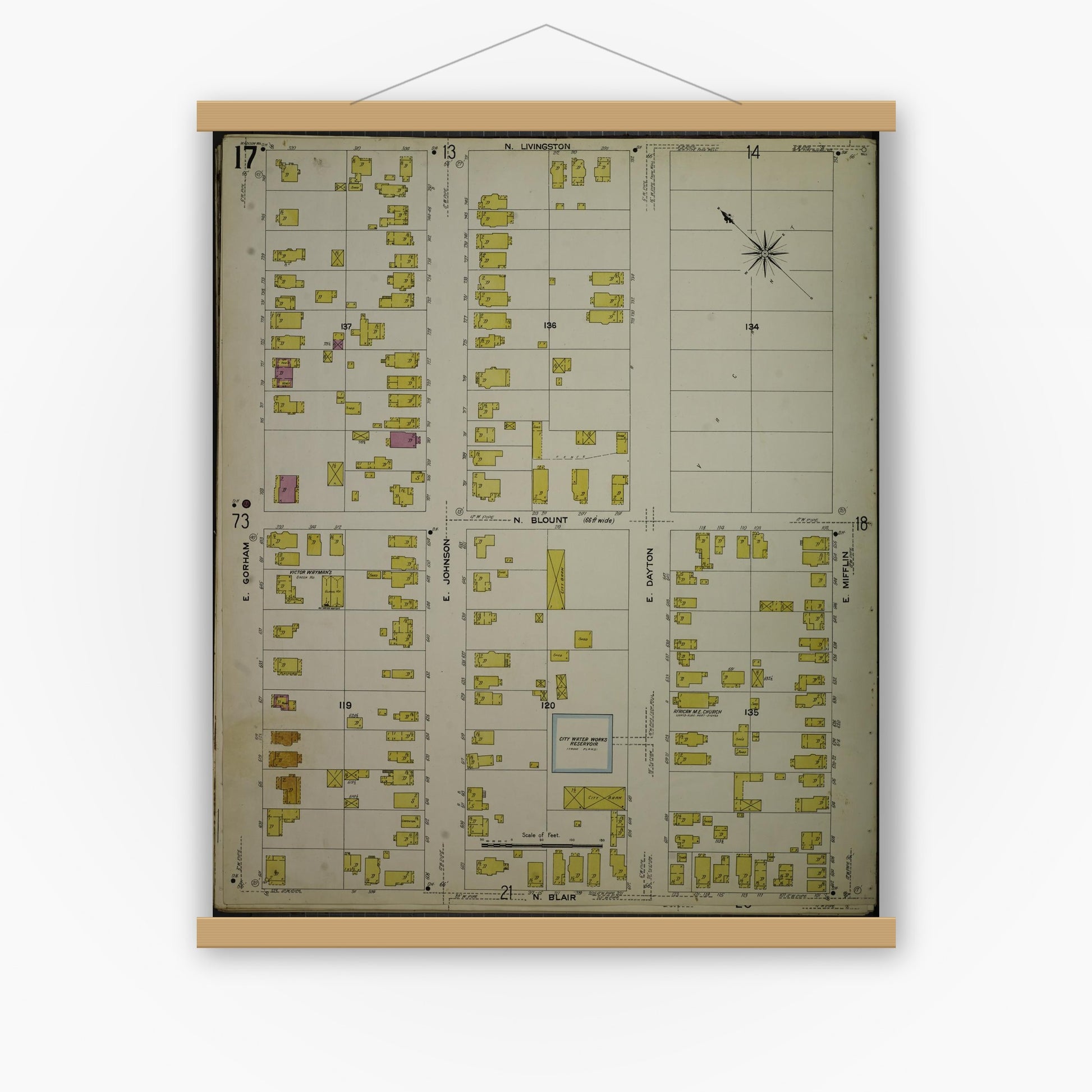 Old map wall art mockup — magnetic wood frame on white wall — Sanborn Fire Insurance Map from Madison, Dane County, Wisconsin (1908), Sheet #0017