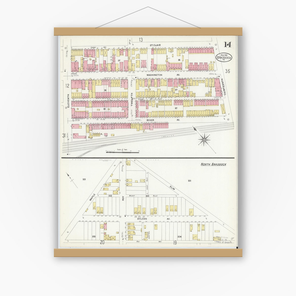 Old map wall art mockup — magnetic wood frame on white wall — Sanborn Fire Insurance Map from Braddock, Allegheny County, Pennsylvania (1908), Sheet #0014