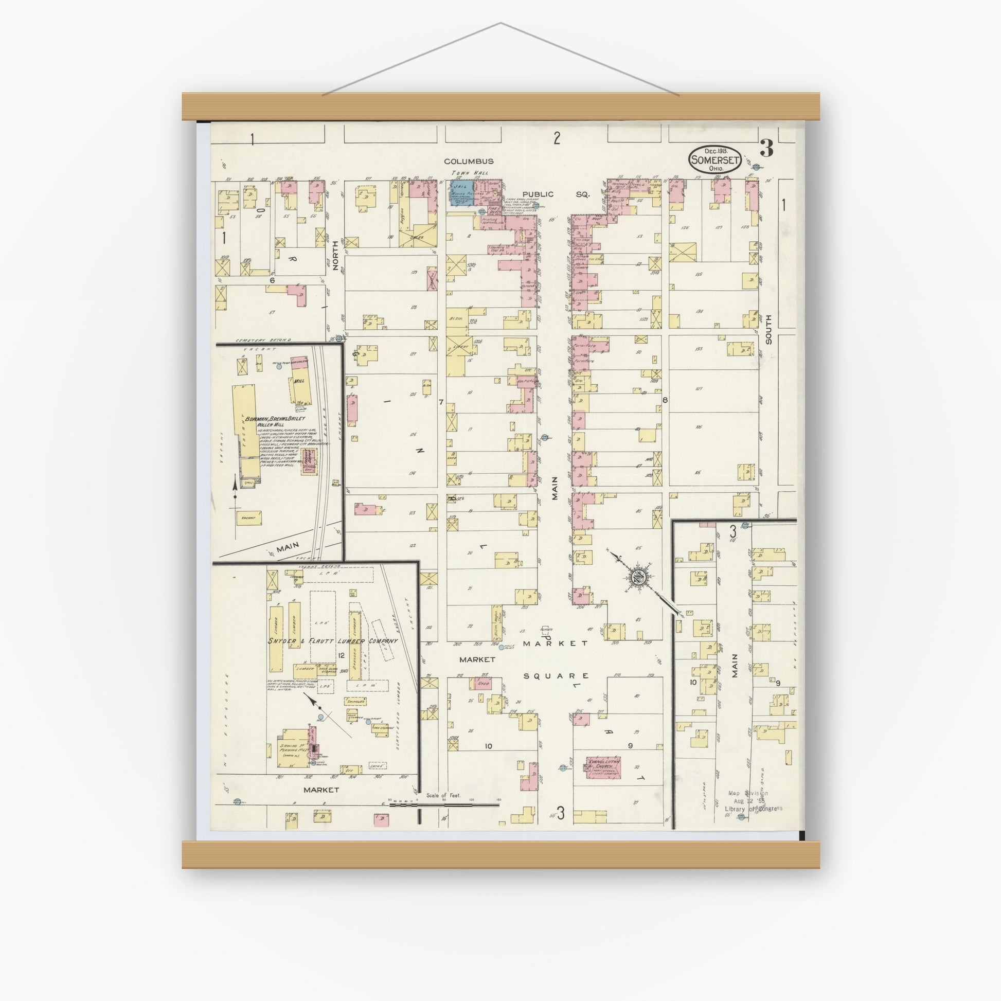 Old map wall art mockup — magnetic wood frame on white wall — Sanborn Fire Insurance Map from Somerset, Perry County, Ohio (1913), Sheet #0003