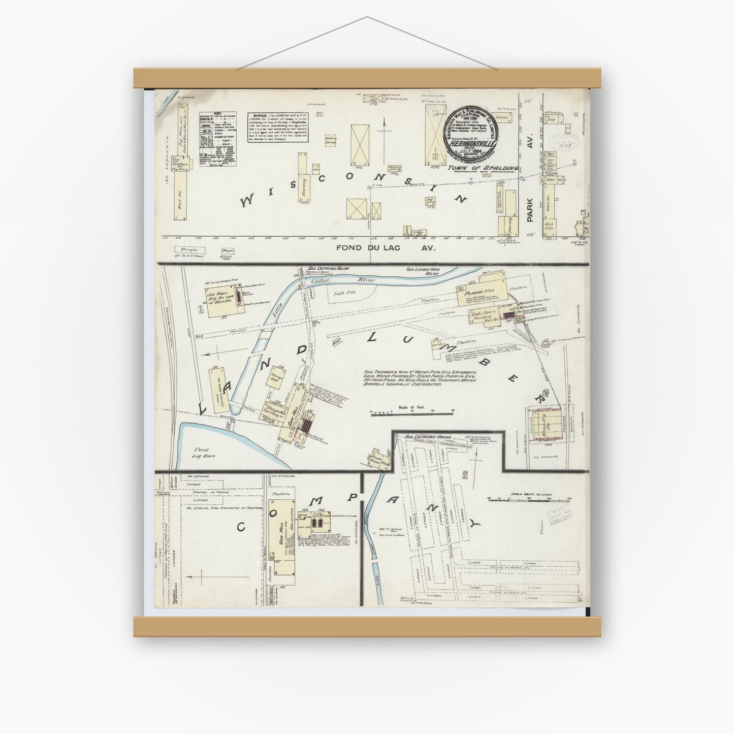 Old map wall art mockup — magnetic wood frame on white wall — Sanborn Fire Insurance Map from Hermansville, Menominee County, Michigan (1884), Sheet #0001