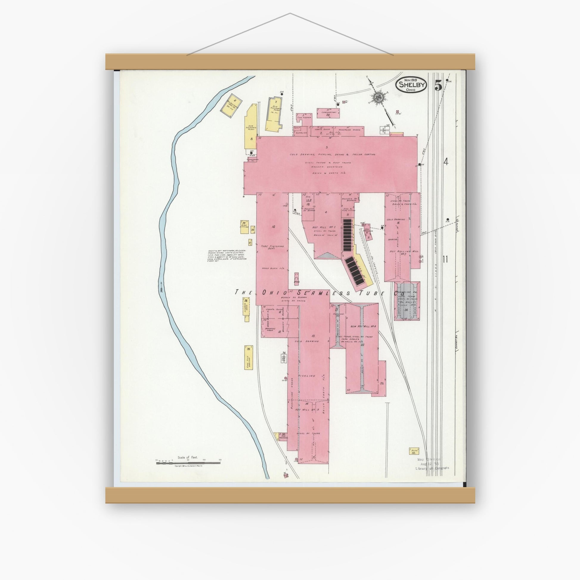 Old map wall art mockup — magnetic wood frame on white wall — Sanborn Fire Insurance Map from Shelby, Richland County, Ohio (1919), Sheet #0005