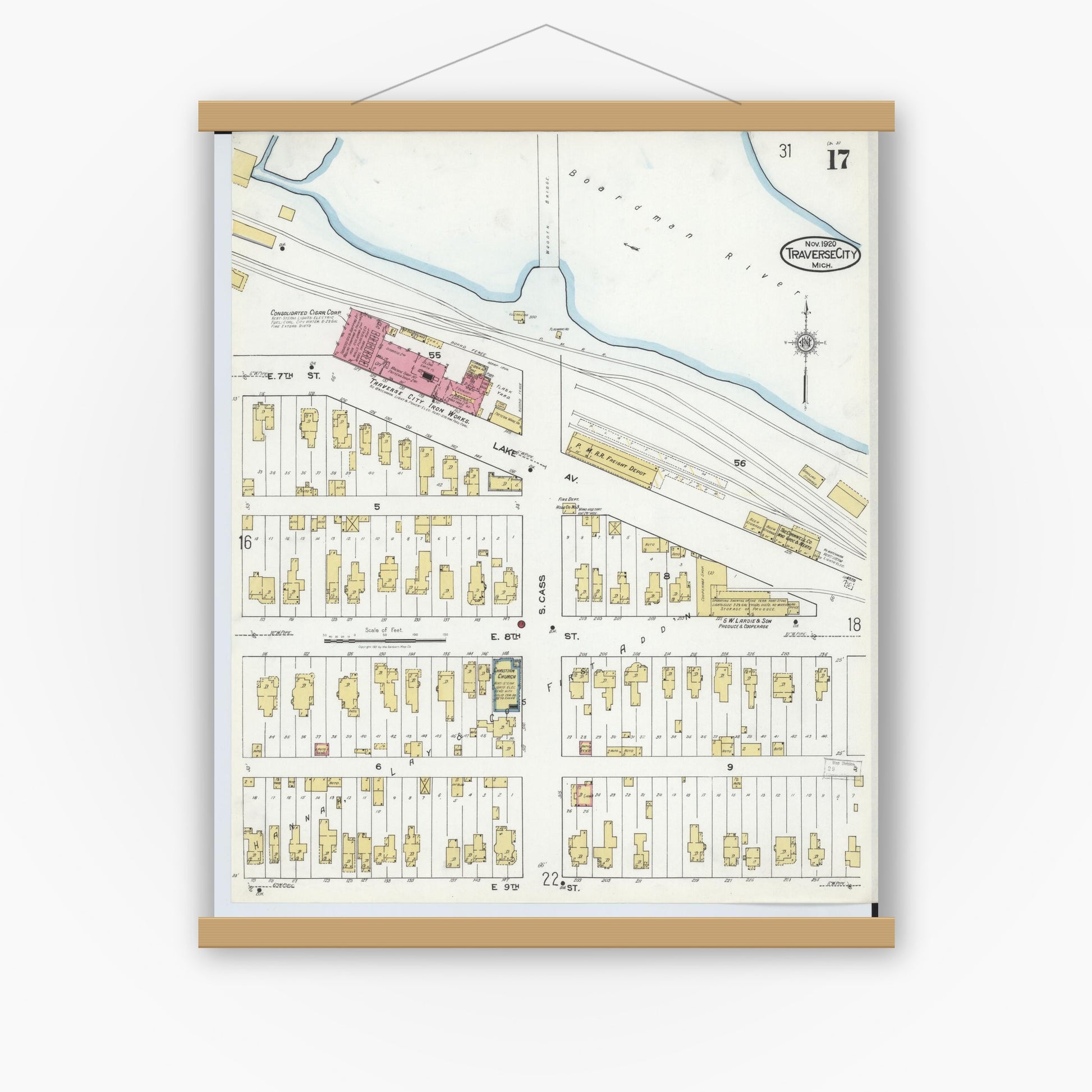 Old map wall art mockup — magnetic wood frame on white wall — Sanborn Fire Insurance Map from Traverse City, Grand Traverse County, Michigan (1920), Sheet #0017