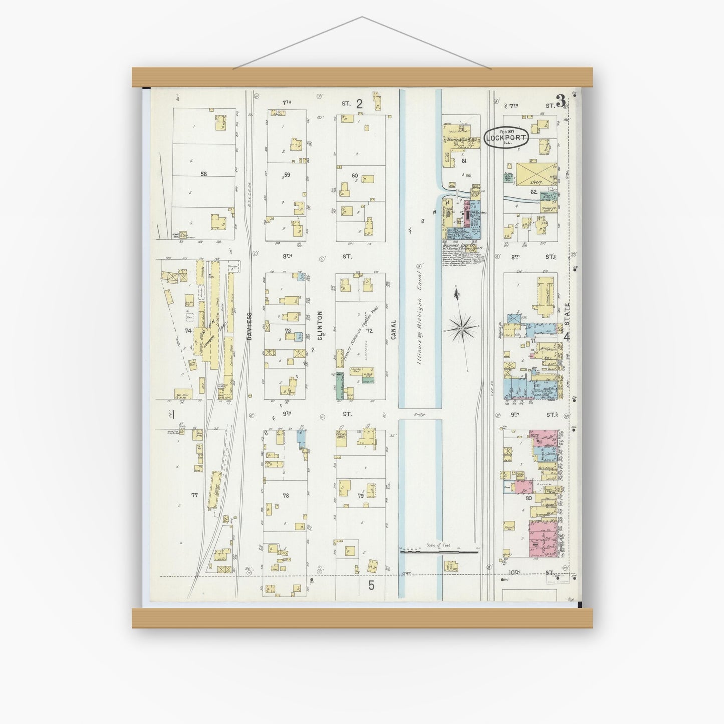 Old map wall art mockup — magnetic wood frame on white wall — Sanborn Fire Insurance Map from Lockport, Will County, Illinois (1897), Sheet #0003