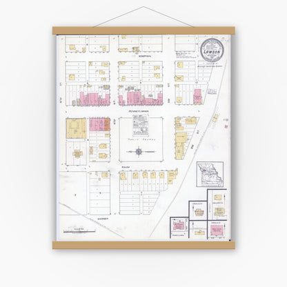 Old map wall art mockup — magnetic wood frame on white wall — Sanborn Fire Insurance Map from Lawson, Ray County, Missouri (1917), Sheet #0001