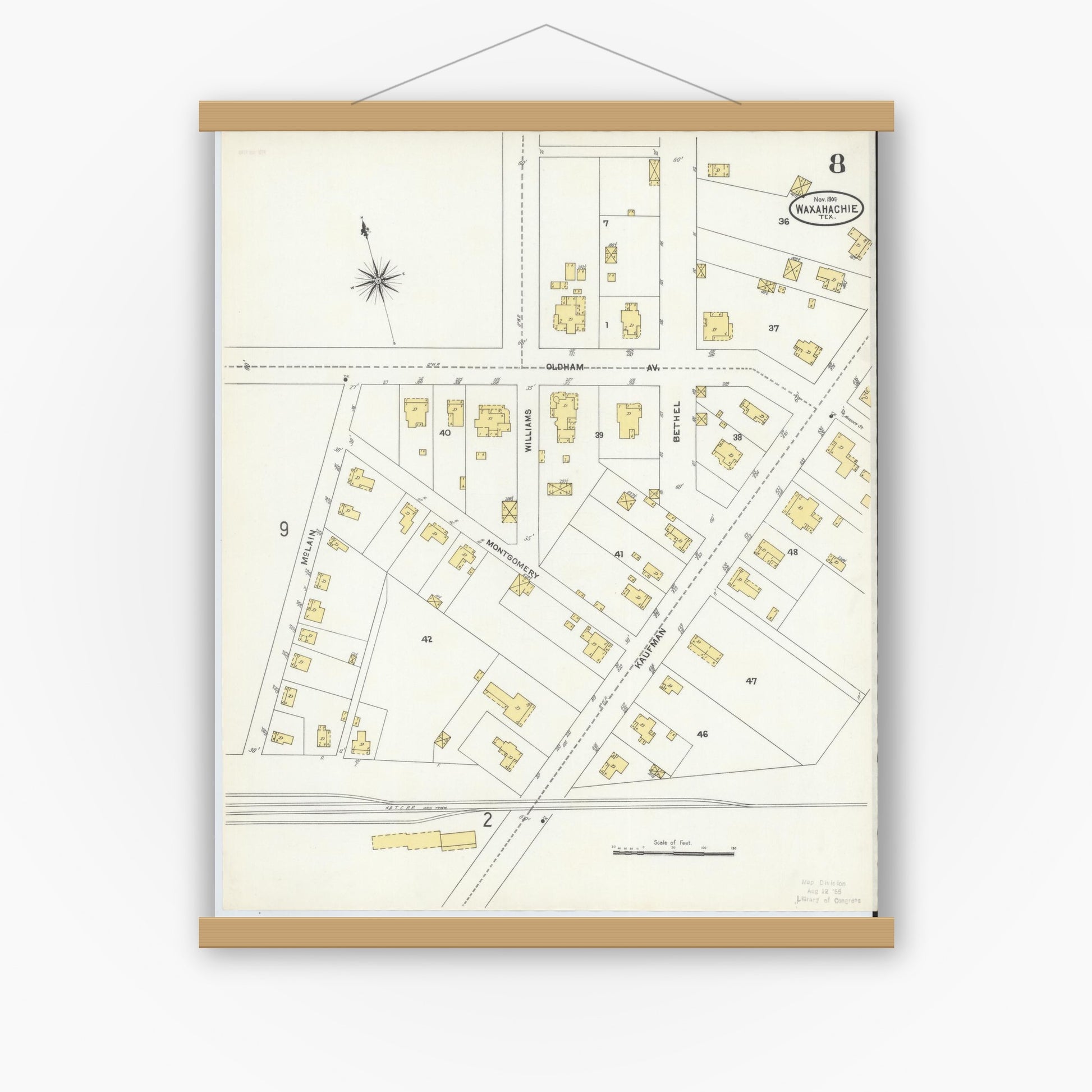 Old map wall art mockup — magnetic wood frame on white wall — Sanborn Fire Insurance Map from Waxahachie, Ellis County, Texas (1904), Sheet #0008