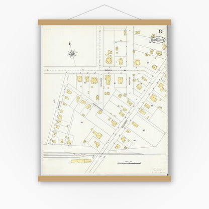 Old map wall art mockup — magnetic wood frame on white wall — Sanborn Fire Insurance Map from Waxahachie, Ellis County, Texas (1904), Sheet #0008