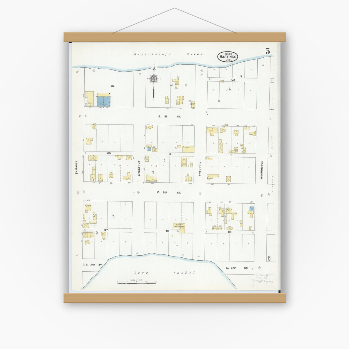 Old map wall art mockup — magnetic wood frame on white wall — Sanborn Fire Insurance Map from Hastings, Dakota County, Minnesota (1910), Sheet #0005