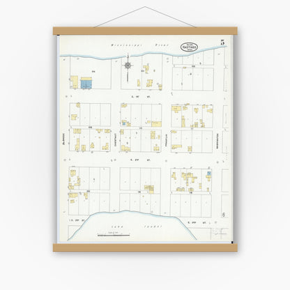Old map wall art mockup — magnetic wood frame on white wall — Sanborn Fire Insurance Map from Hastings, Dakota County, Minnesota (1910), Sheet #0005