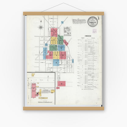 Old map wall art mockup — magnetic wood frame on white wall — Sanborn Fire Insurance Map from Charlotte, Eaton County, Michigan (1904) - Complete Map Set