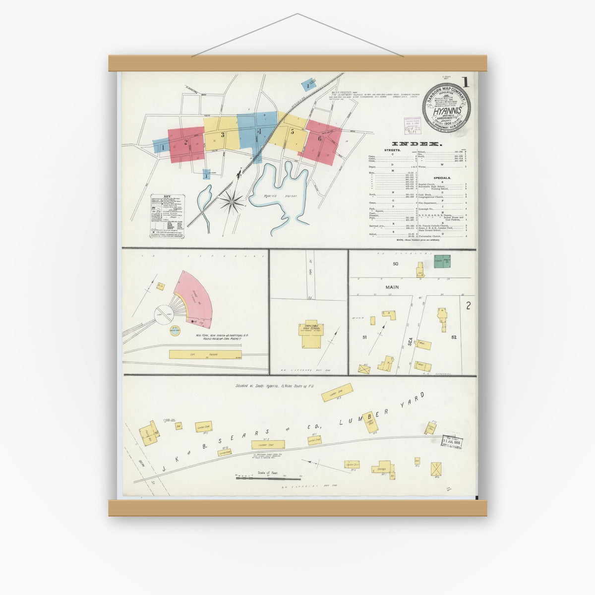 Old map wall art mockup — magnetic wood frame on white wall — Sanborn Fire Insurance Map from Hyannis, Barnstable County, Massachusetts (1906) - Complete Map Set