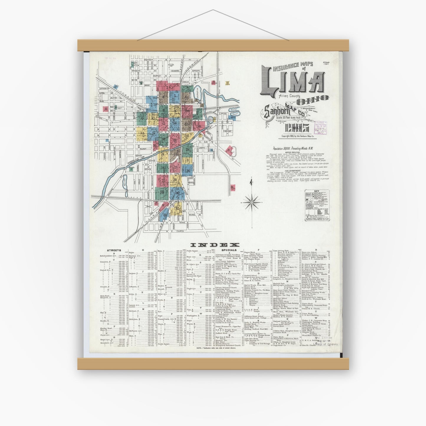 Old map wall art mockup — magnetic wood frame on white wall — Sanborn Fire Insurance Map from Lima, Allen County, Ohio (1905) - Complete Map Set