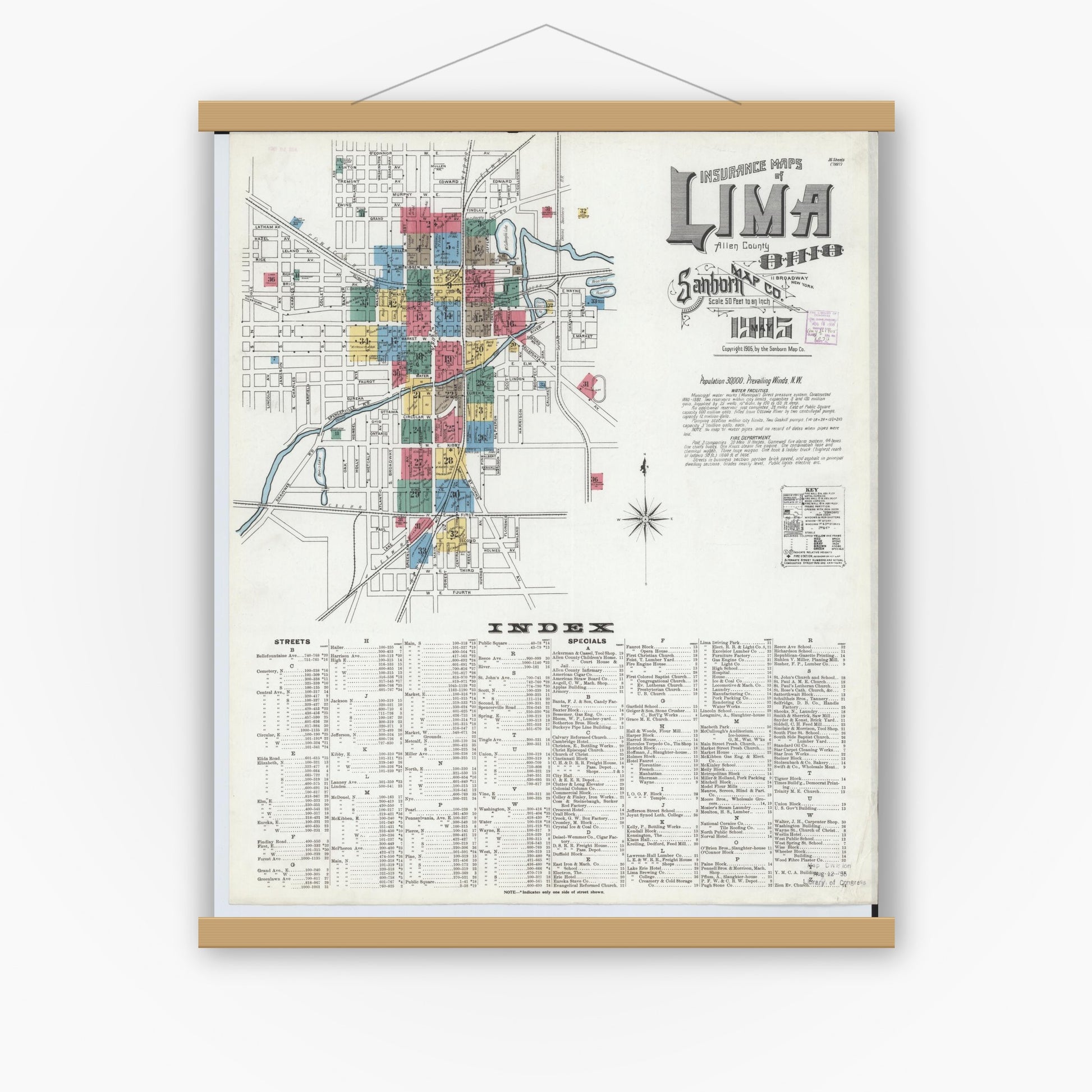 Old map wall art mockup — magnetic wood frame on white wall — Sanborn Fire Insurance Map from Lima, Allen County, Ohio (1905) - Complete Map Set