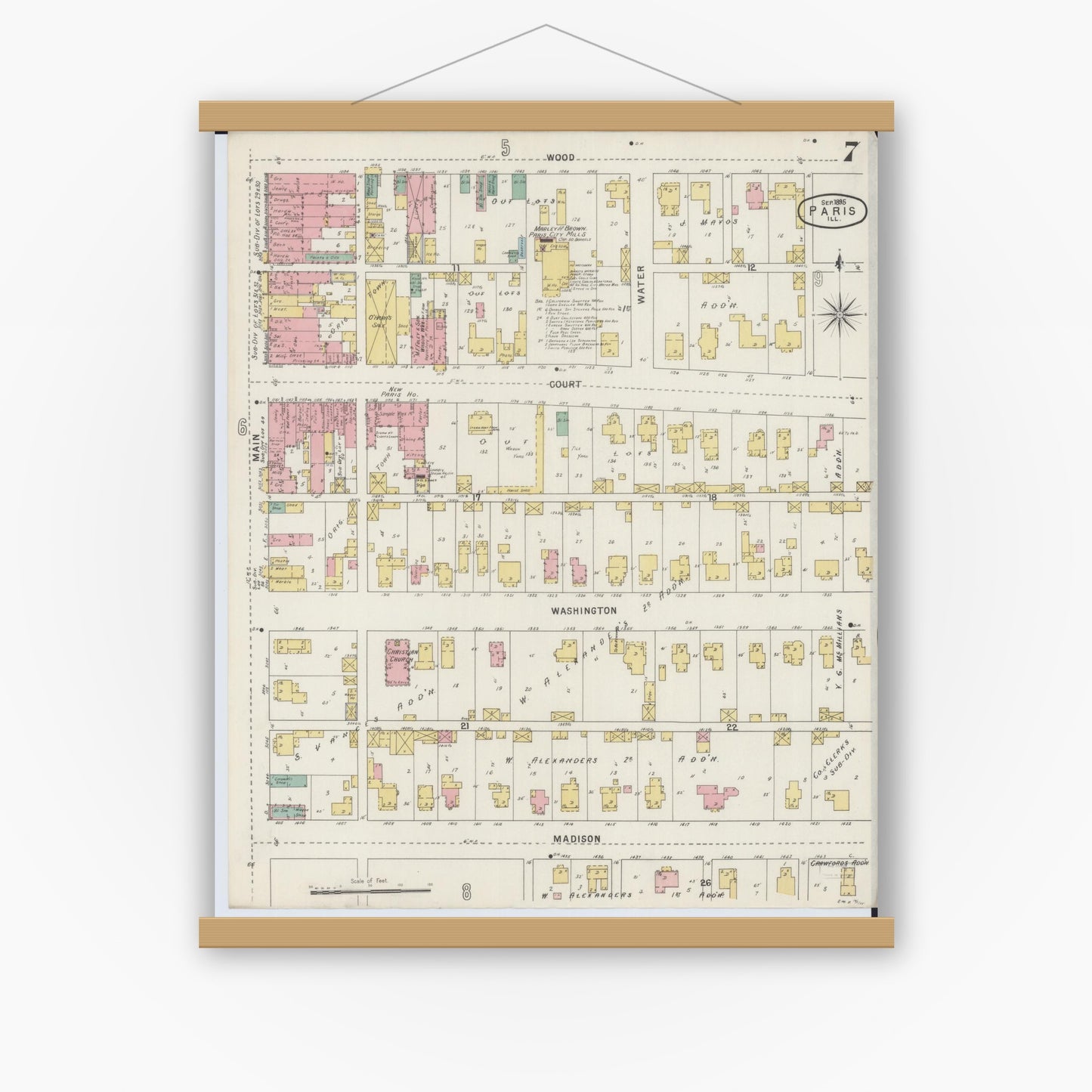 Old map wall art mockup — magnetic wood frame on white wall — Sanborn Fire Insurance Map from Paris, Edgar County, Illinois (1895), Sheet #0007