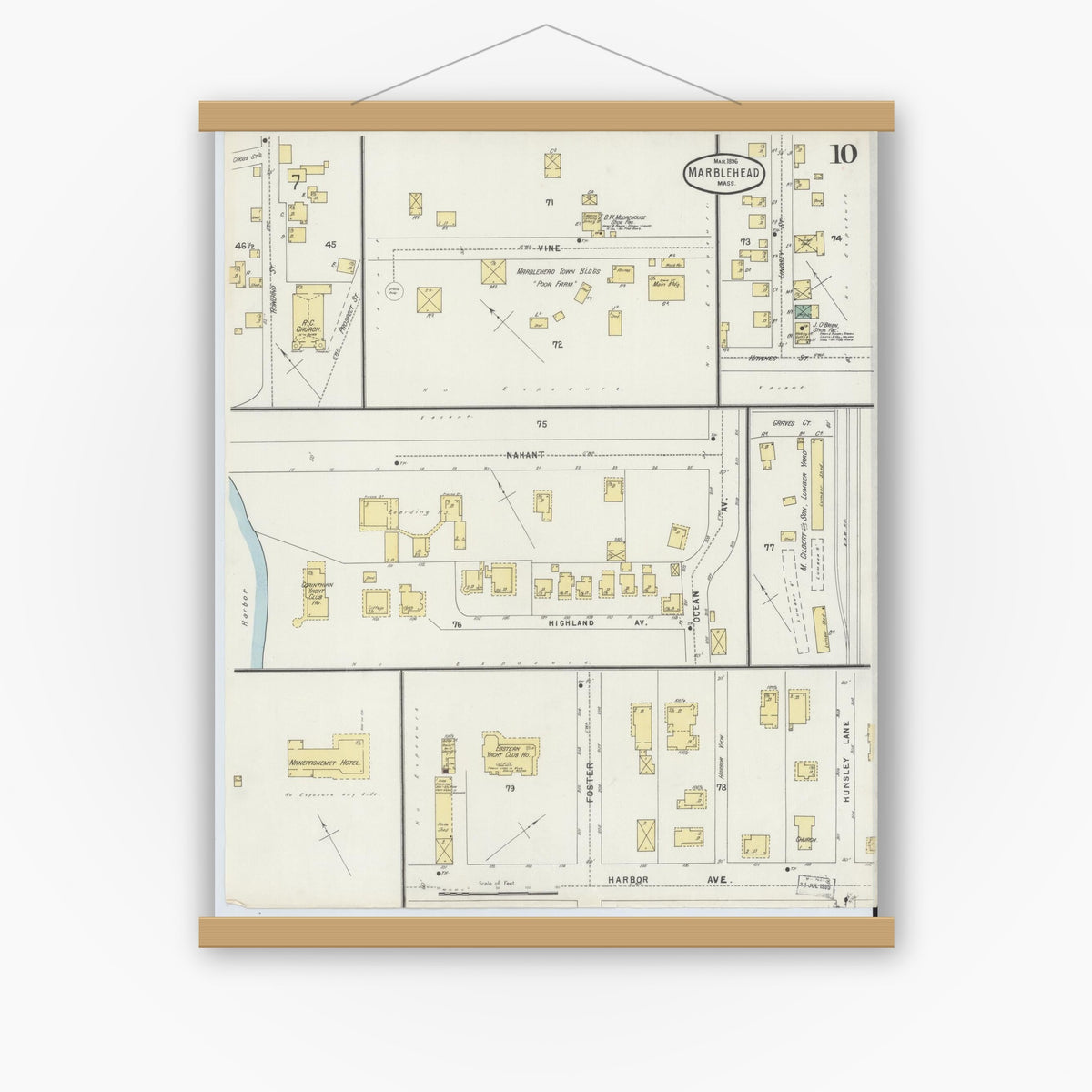 Old map wall art mockup — magnetic wood frame on white wall — Sanborn Fire Insurance Map from Marblehead, Essex County, Massachusetts (1896), Sheet #0010