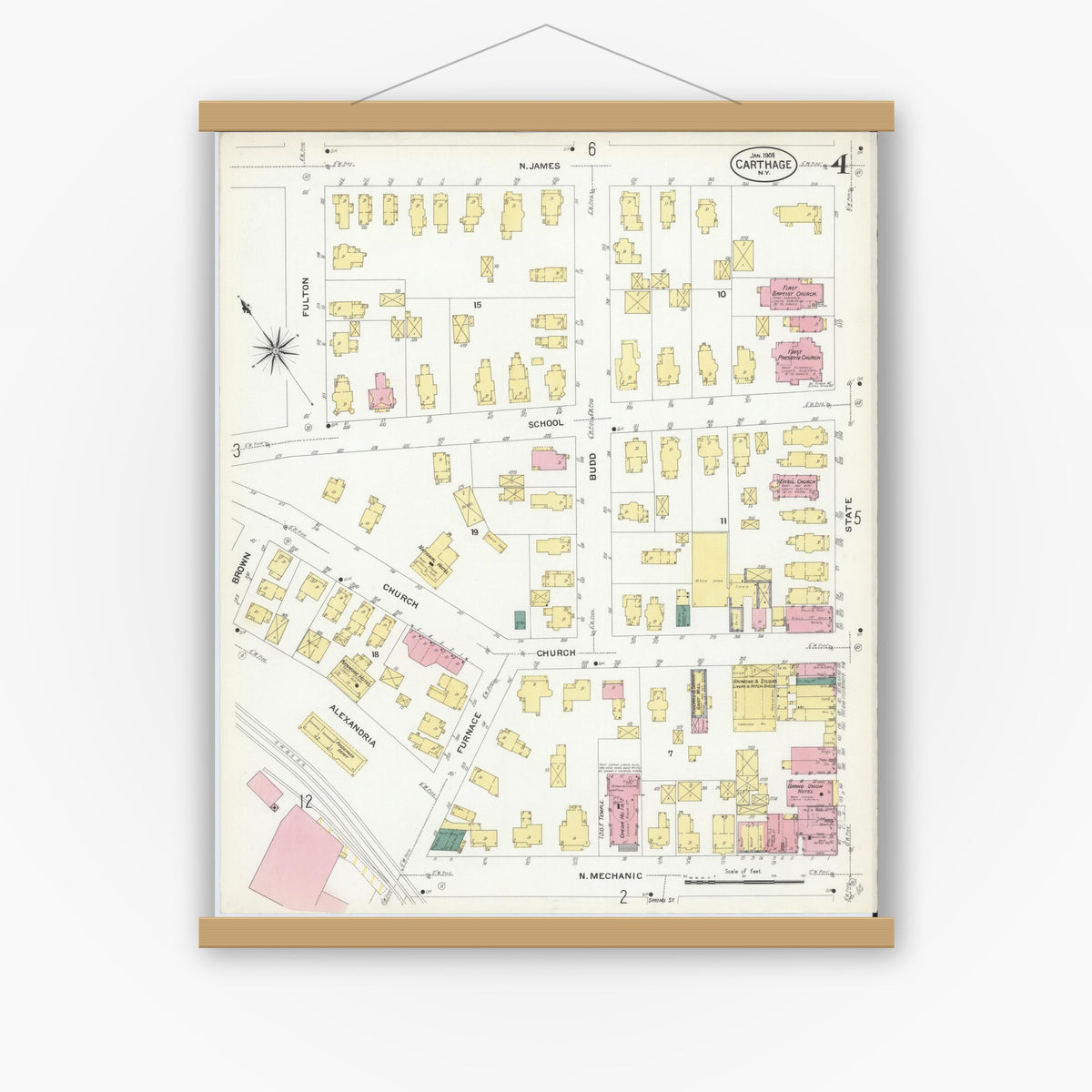 Old map wall art mockup — magnetic wood frame on white wall — Sanborn Fire Insurance Map from Carthage, Jefferson County, New York (1908), Sheet #0004
