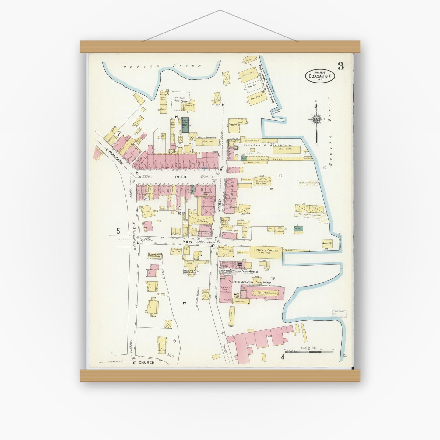 Old map wall art mockup — magnetic wood frame on white wall — Sanborn Fire Insurance Map from Coxsackie, Greene County, New York (1909), Sheet #0003