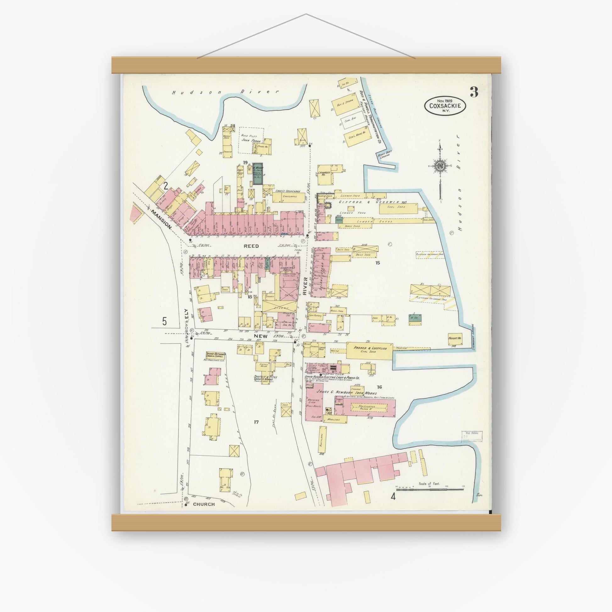 Old map wall art mockup — magnetic wood frame on white wall — Sanborn Fire Insurance Map from Coxsackie, Greene County, New York (1909), Sheet #0003
