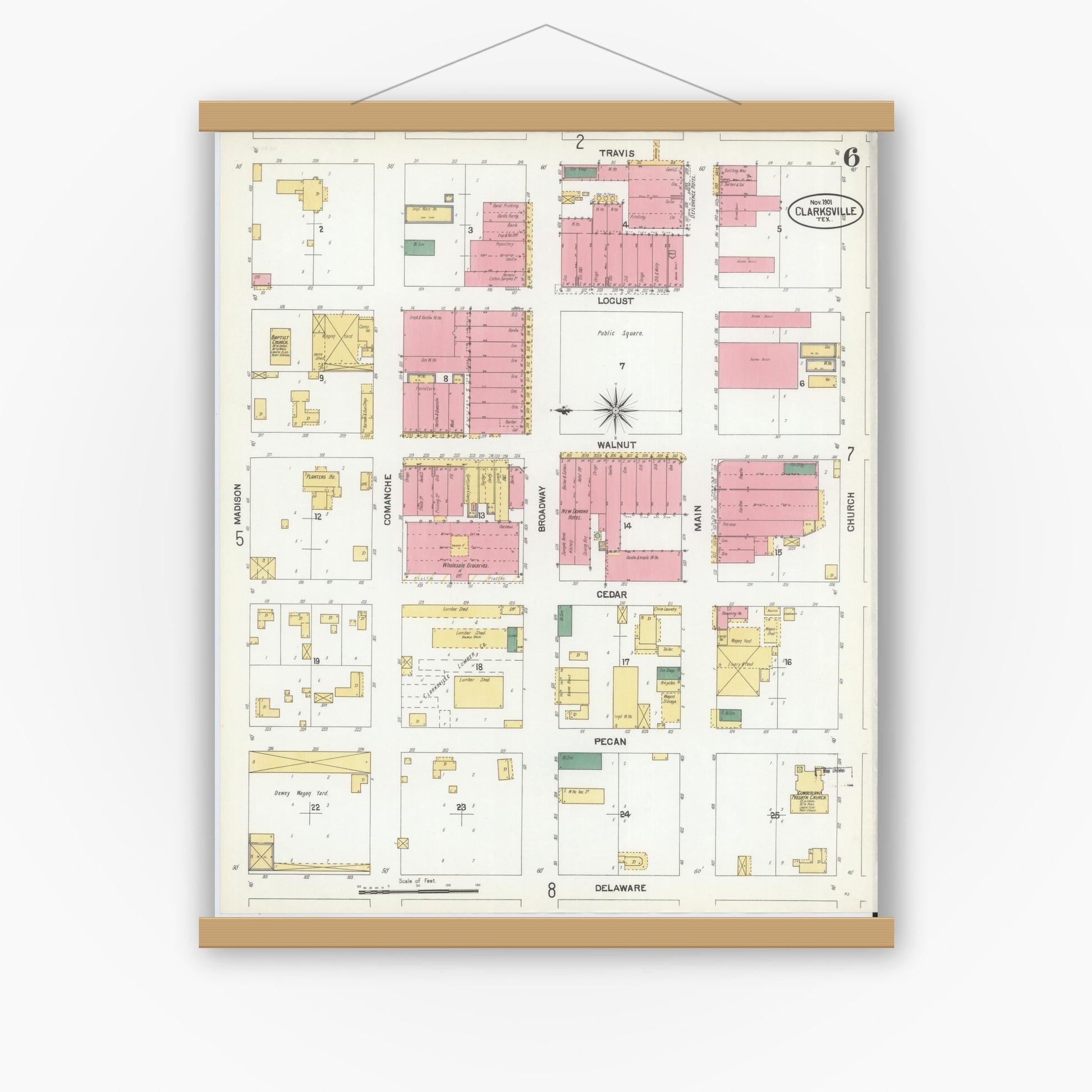 Old map wall art mockup — magnetic wood frame on white wall — Sanborn Fire Insurance Map from Clarksville, Red River County, Texas (1901), Sheet #0006