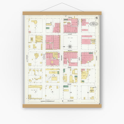 Old map wall art mockup — magnetic wood frame on white wall — Sanborn Fire Insurance Map from Clarksville, Red River County, Texas (1901), Sheet #0006
