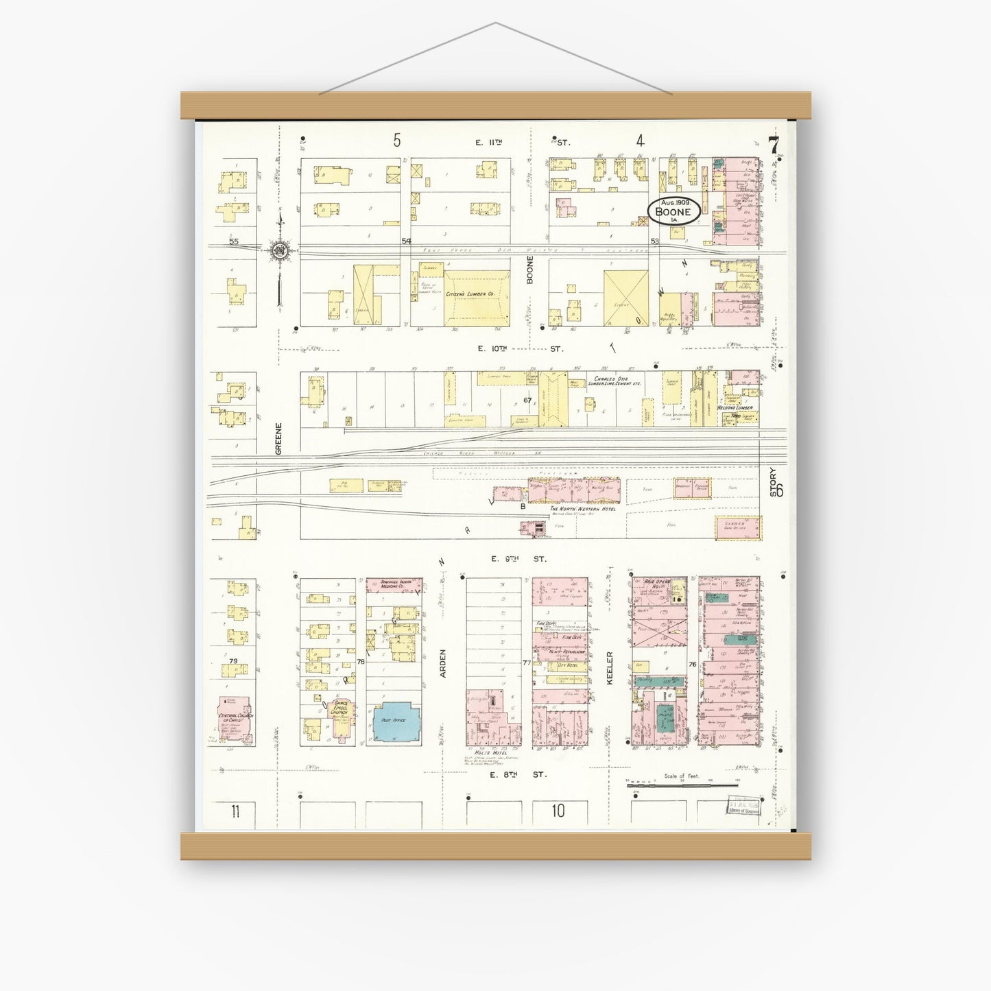 Old map wall art mockup — magnetic wood frame on white wall — Sanborn Fire Insurance Map from Boone, Boone County, Iowa (1909), Sheet #0007