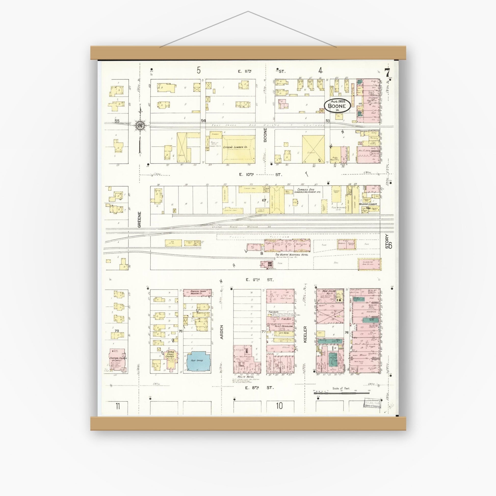 Old map wall art mockup — magnetic wood frame on white wall — Sanborn Fire Insurance Map from Boone, Boone County, Iowa (1909), Sheet #0007