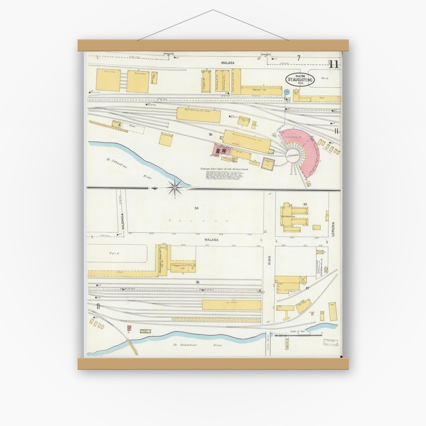Old map wall art mockup — magnetic wood frame on white wall — Sanborn Fire Insurance Map from Saint Augustine, Saint John's County, Florida (1904), Sheet #0011