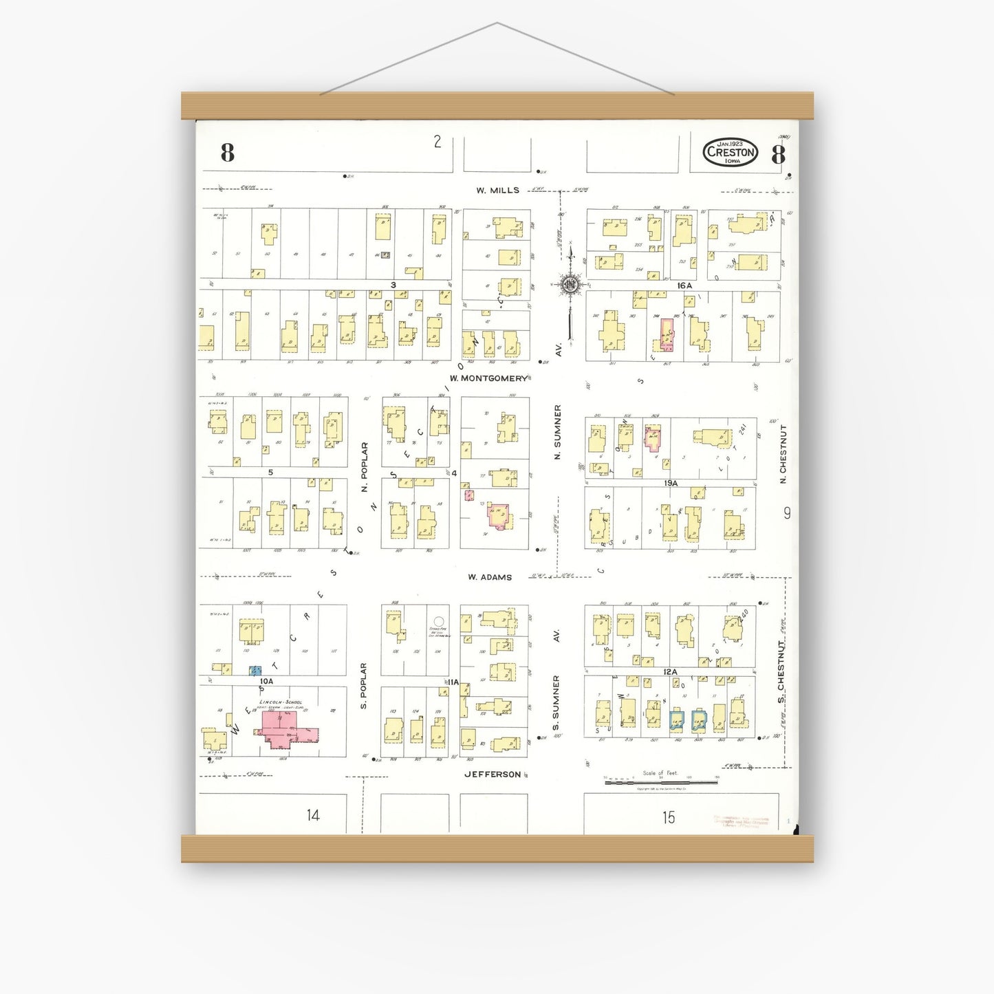 Old map wall art mockup — magnetic wood frame on white wall — Sanborn Fire Insurance Map from Creston, Union County, Iowa (1923), Sheet #0008