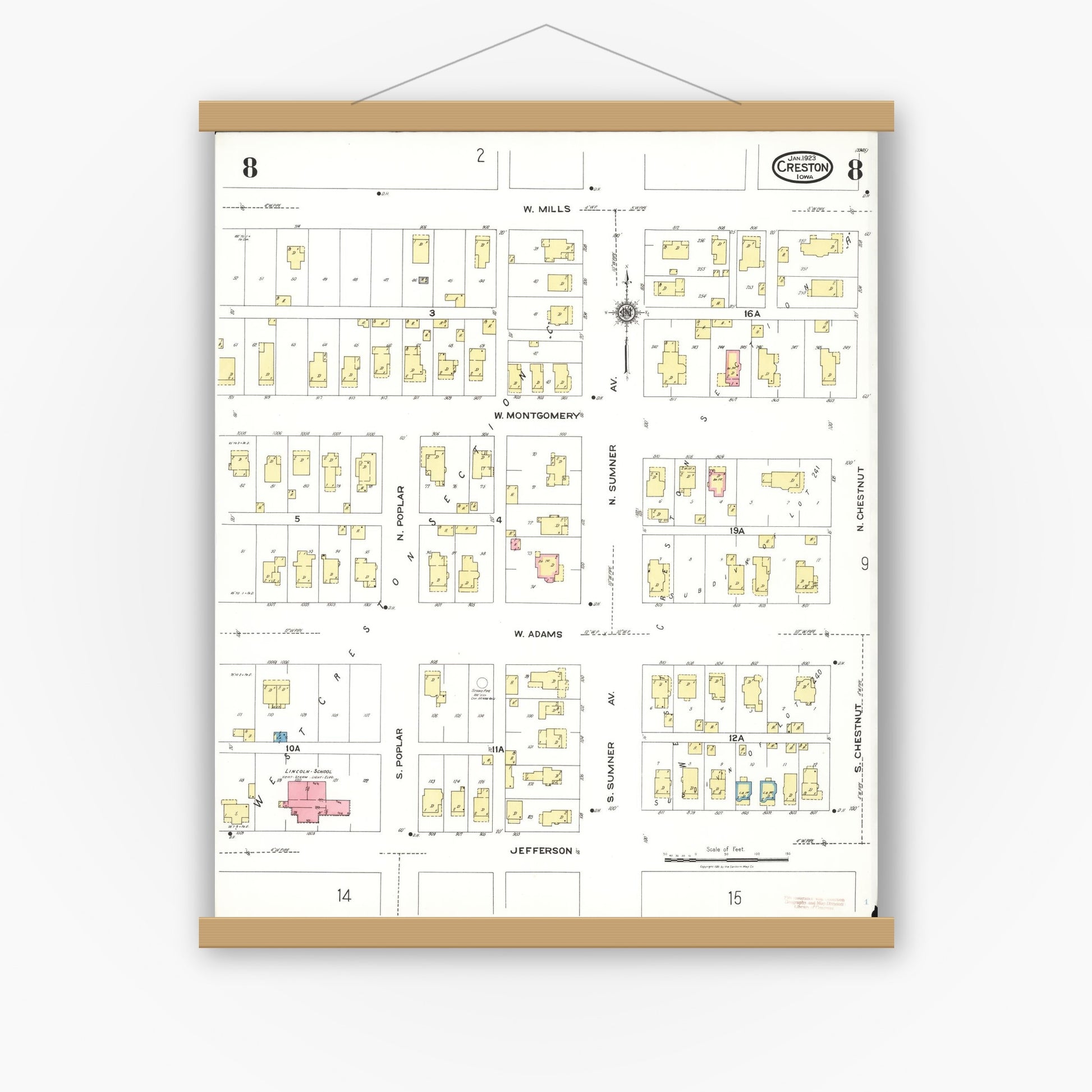 Old map wall art mockup — magnetic wood frame on white wall — Sanborn Fire Insurance Map from Creston, Union County, Iowa (1923), Sheet #0008
