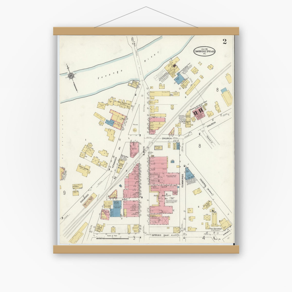 Old map wall art mockup — magnetic wood frame on white wall — Sanborn Fire Insurance Map from Cambridge Springs, Crawford County, Pennsylvania (1911), Sheet #0002