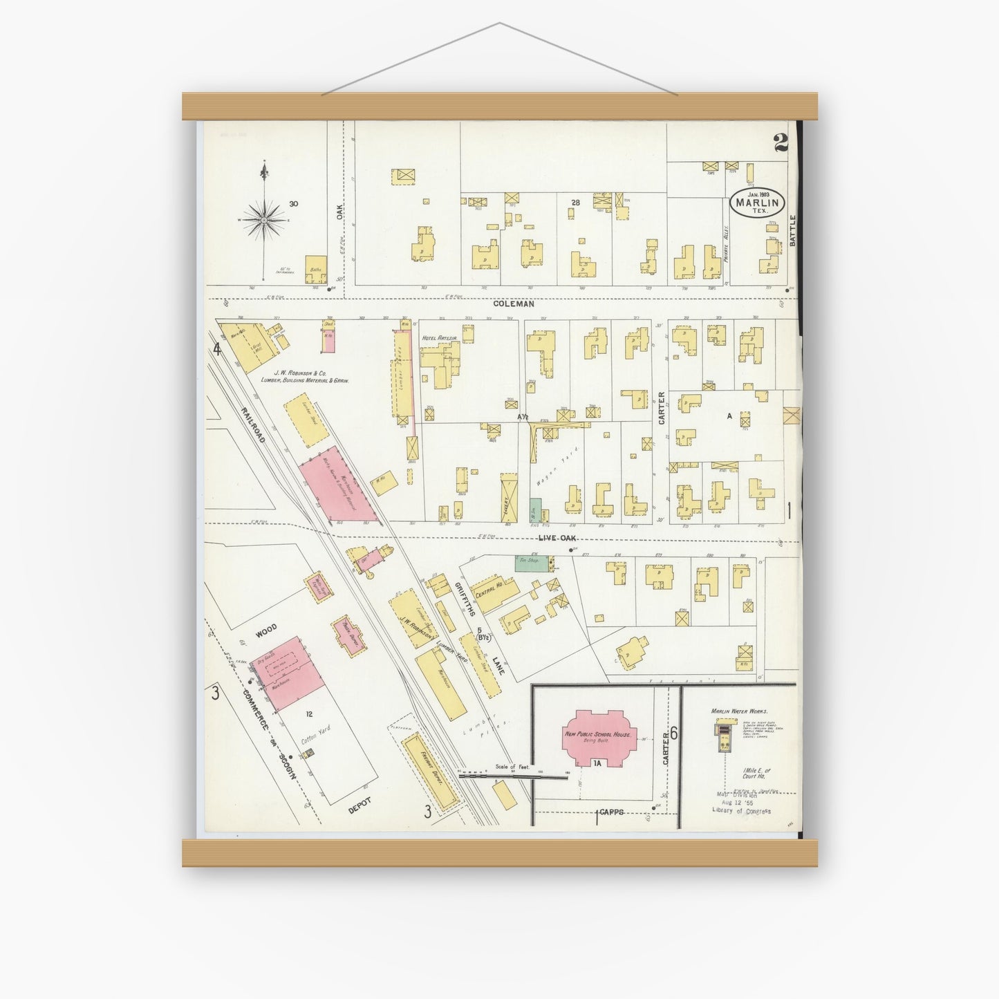 Old map wall art mockup — magnetic wood frame on white wall — Sanborn Fire Insurance Map from Marlin, Falls County, Texas (1903), Sheet #0002
