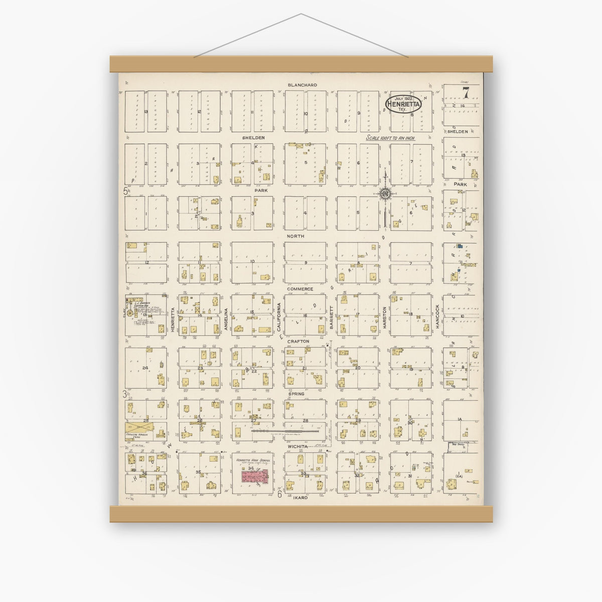 Old map wall art mockup — magnetic wood frame on white wall — Sanborn Fire Insurance Map from Henrietta, Clay County, Texas (1922), Sheet #0007