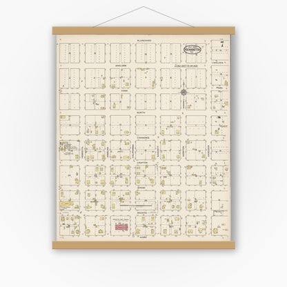 Old map wall art mockup — magnetic wood frame on white wall — Sanborn Fire Insurance Map from Henrietta, Clay County, Texas (1922), Sheet #0007