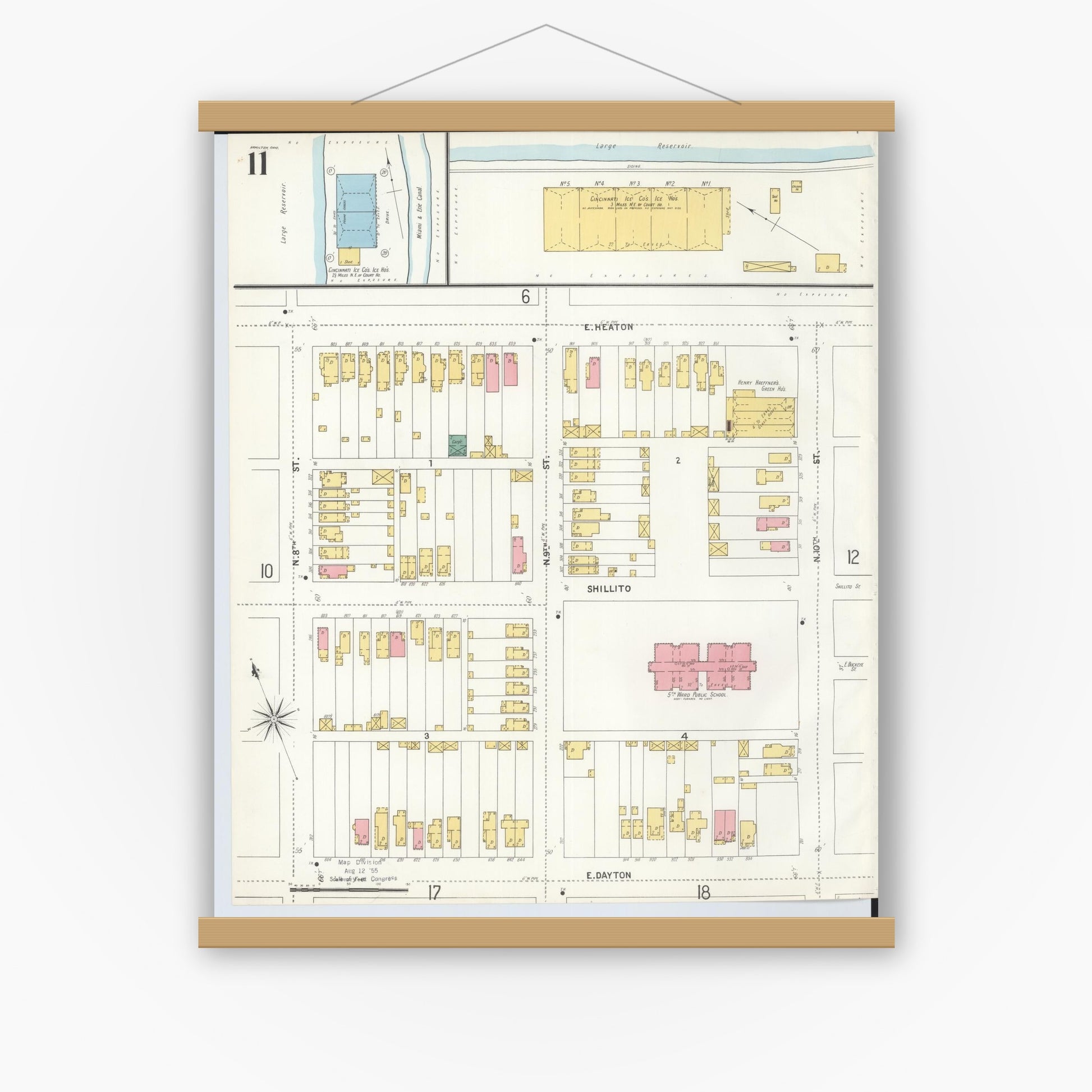 Old map wall art mockup — magnetic wood frame on white wall — Sanborn Fire Insurance Map from Hamilton, Butler County, Ohio (1899), Sheet #0011