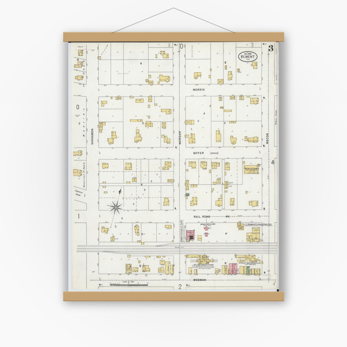 Old map wall art mockup — magnetic wood frame on white wall — Sanborn Fire Insurance Map from Bement, Piatt County, Illinois (1898), Sheet #0003